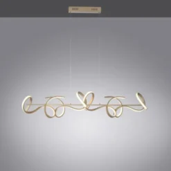 LED-Pendelleuchte in messing-matt mit 4 geschwungenen Leuchtarmen mit Dimmfunktion strahlt warmweiß