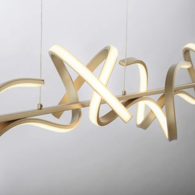 LED-Pendelleuchte in messing-matt mit 4 geschwungenen Leuchtarmen mit Dimmfunktion strahlt warmweiß