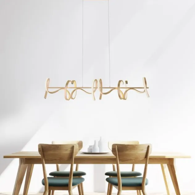 LED-Pendelleuchte in messing-matt mit 4 geschwungenen Leuchtarmen mit Dimmfunktion strahlt warmweiß