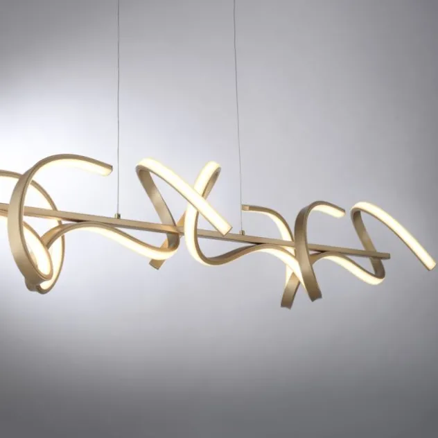 LED-Pendelleuchte in messing-matt mit 4 geschwungenen Leuchtarmen mit Dimmfunktion strahlt warmweiß