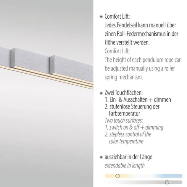 LED Pendelleuchte mit Comfort Lift, aluminium, höhenverstellbar, ausziehbar
