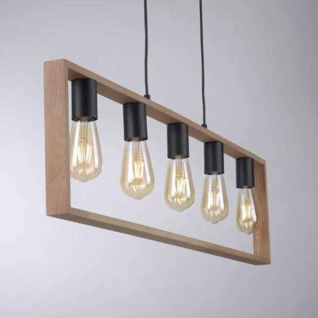 LED Pendelleuchte, schwarz, Esstisch, Holzrahmen, Metall, 5 flammige Pendellampe