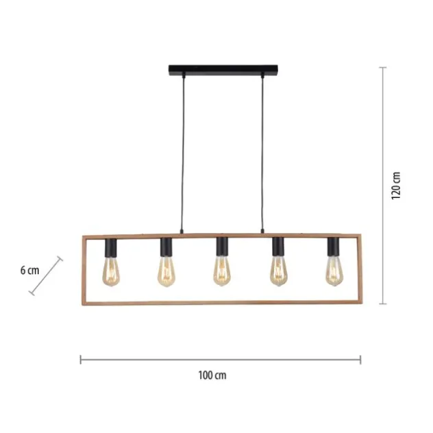 LED Pendelleuchte, schwarz, Esstisch, Holzrahmen, Metall, 5 flammige Pendellampe