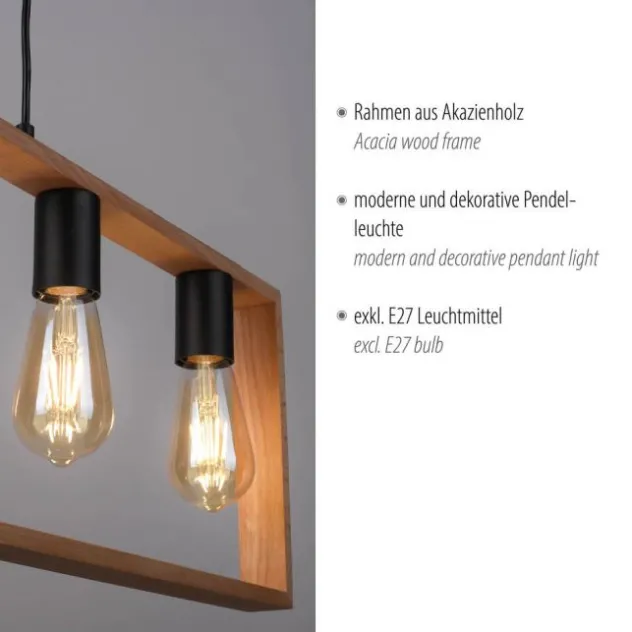 LED Pendelleuchte, schwarz, Esstisch, Holzrahmen, Metall, 5 flammige Pendellampe