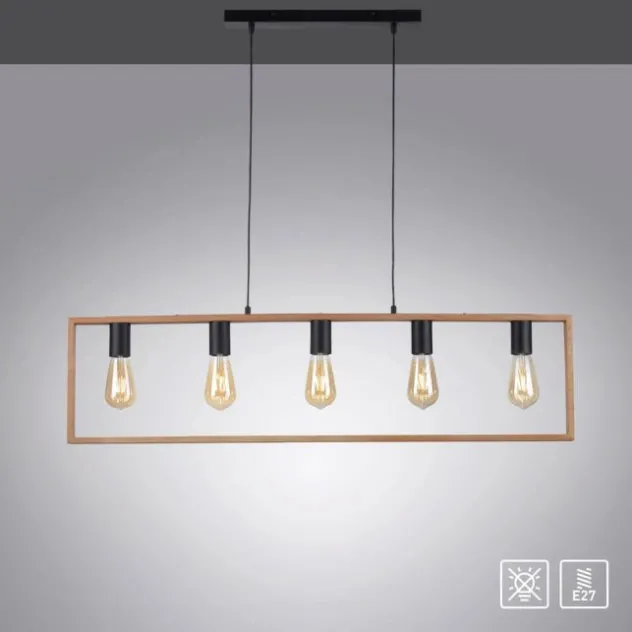 LED Pendelleuchte, schwarz, Esstisch, Holzrahmen, Metall, 5 flammige Pendellampe