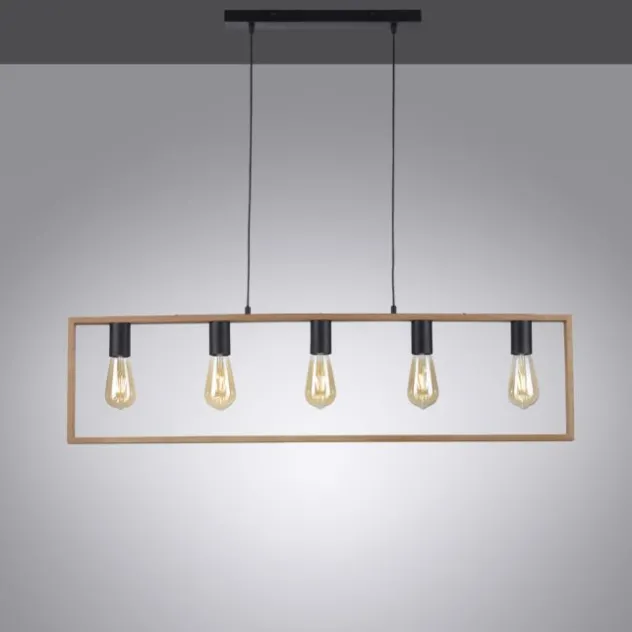 LED Pendelleuchte, schwarz, Esstisch, Holzrahmen, Metall, 5 flammige Pendellampe