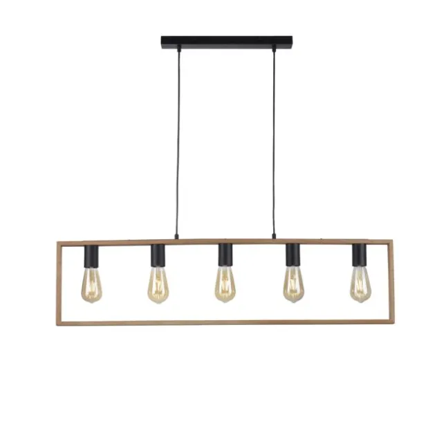 LED Pendelleuchte, schwarz, Esstisch, Holzrahmen, Metall, 5 flammige Pendellampe
