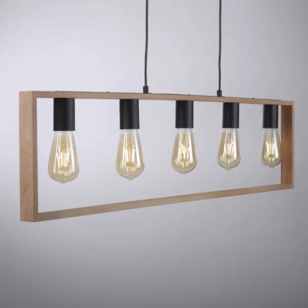 LED Pendelleuchte, schwarz, Esstisch, Holzrahmen, Metall, 5 flammige Pendellampe