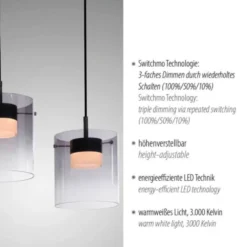 LED Pendelleuchte schwarz 3-flammig dimmbar in 3 Stufen Esszimmer