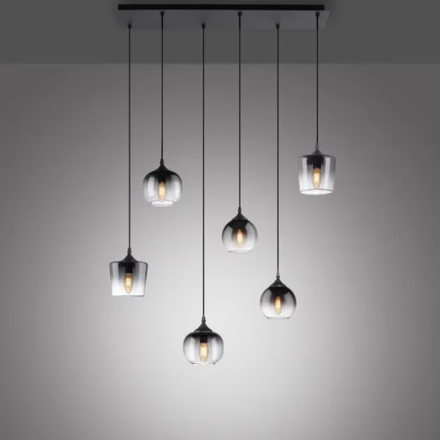 LED Pendelleuchte schwarz 6 flammig Rauchglas modern Wohnlampe