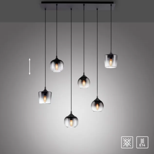 LED Pendelleuchte schwarz 6 flammig Rauchglas modern Wohnlampe