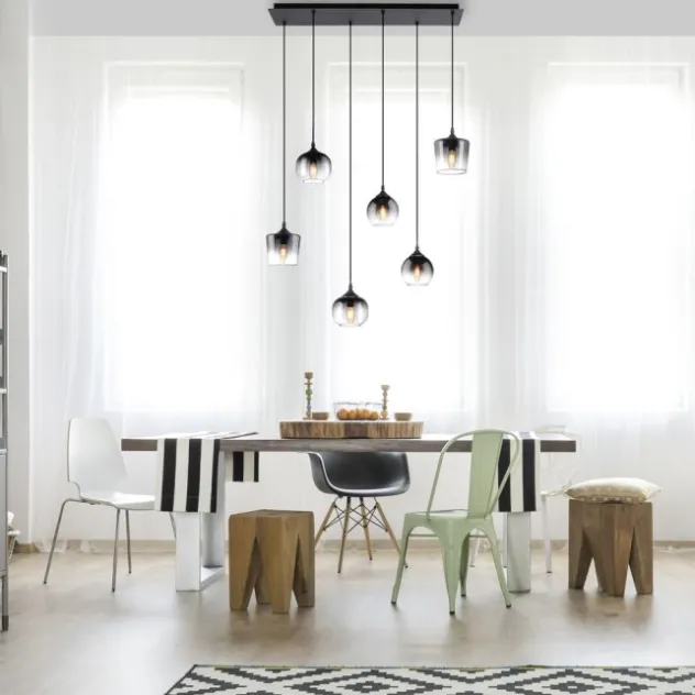 LED Pendelleuchte schwarz 6 flammig Rauchglas modern Wohnlampe