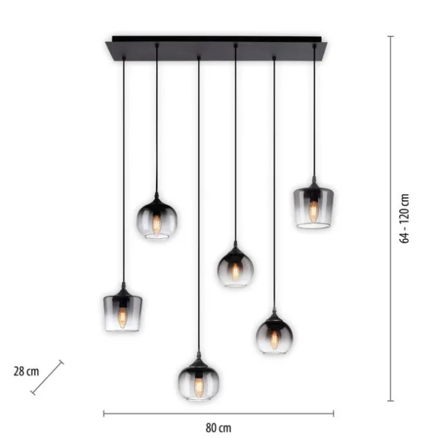 LED Pendelleuchte schwarz 6 flammig Rauchglas modern Wohnlampe