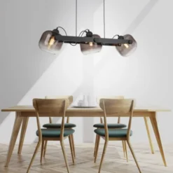 LED Pendelleuchte schwarz 3 flammig Holz Rauchglas höhenverstellbar