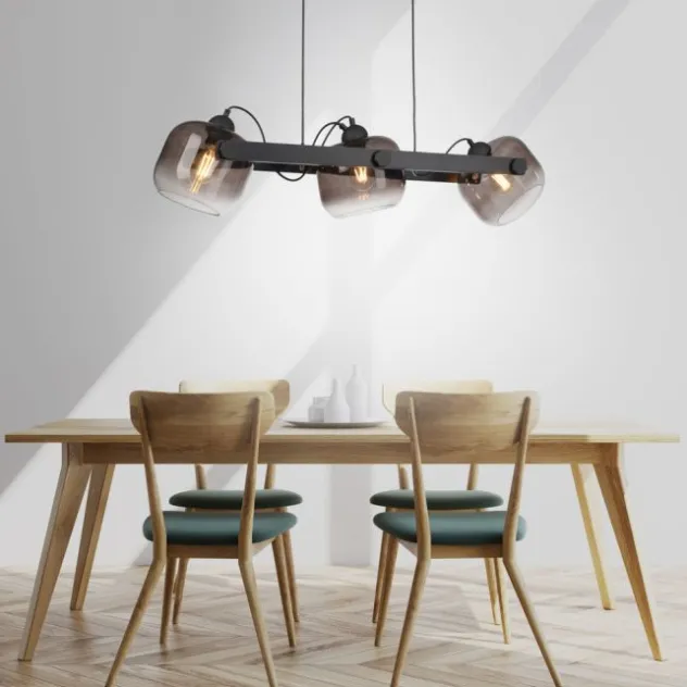 LED Pendelleuchte schwarz 3 flammig Holz Rauchglas höhenverstellbar
