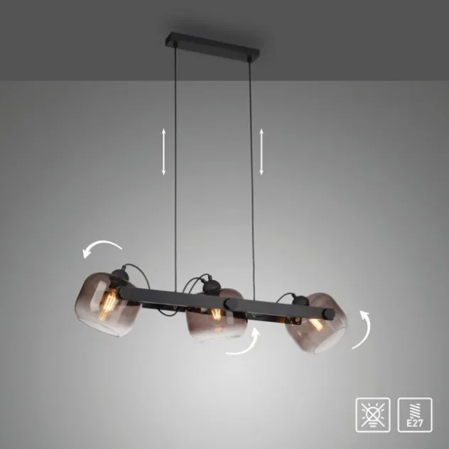 LED Pendelleuchte schwarz 3 flammig Holz Rauchglas höhenverstellbar