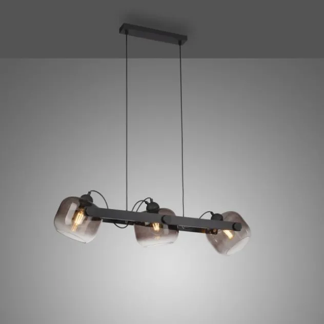 LED Pendelleuchte schwarz 3 flammig Holz Rauchglas höhenverstellbar