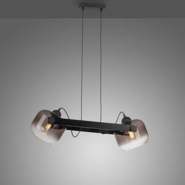 LED Pendelleuchte schwarz 2 flammig Holz Rauchglas höhenverstellbar