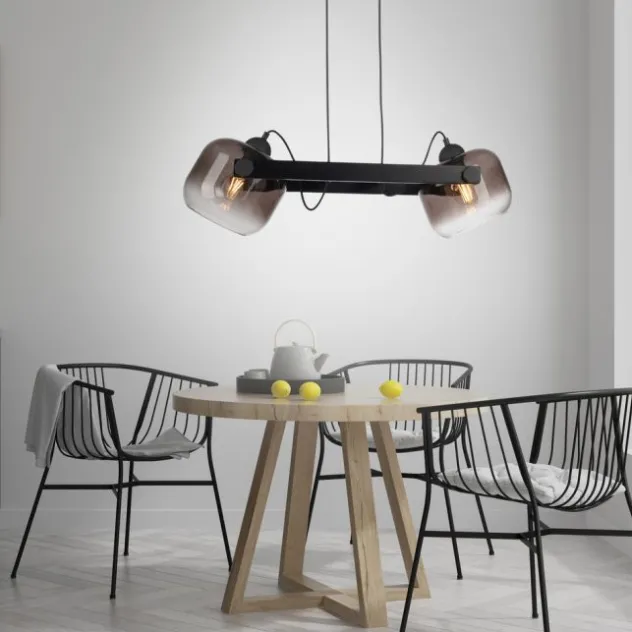 LED Pendelleuchte schwarz 2 flammig Holz Rauchglas höhenverstellbar