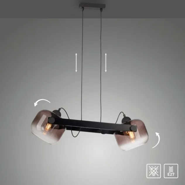 LED Pendelleuchte schwarz 2 flammig Holz Rauchglas höhenverstellbar