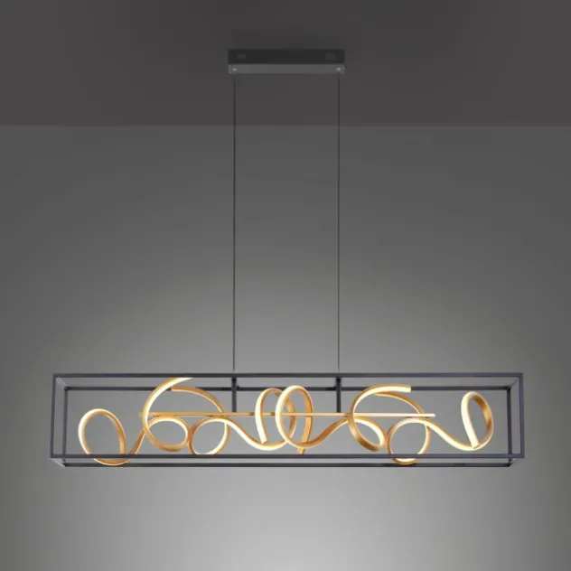 LED Pendelleuchte, schwarz, gold, geschwungene Leuchtstäbe, dimmbar, modern
