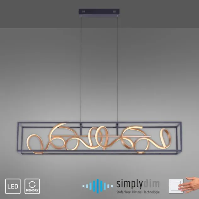 LED Pendelleuchte, schwarz, gold, geschwungene Leuchtstäbe, dimmbar, modern