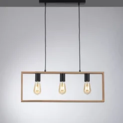LED Pendelleuchte, schwarz, Holzrahmen, Metall, 3 flammige Pendellampe