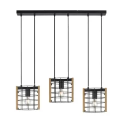 LED Pendelleuchte schwarz mit Holz Metall 3-flammig Esstischlampe