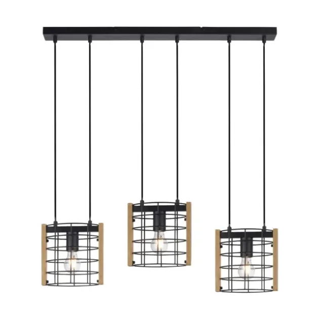 LED Pendelleuchte schwarz mit Holz Metall 3-flammig Esstischlampe