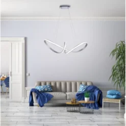 LED-Pendelleuchte, stahlfarben, geschwungenen Leuchtstäben, dimmbar, Memory Funktion