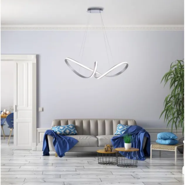 LED-Pendelleuchte, stahlfarben, geschwungenen Leuchtstäben, dimmbar, Memory Funktion