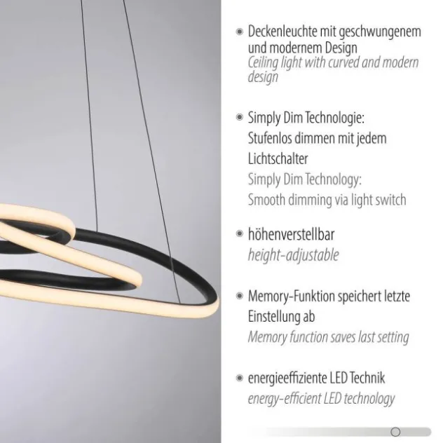 LED Pendelleuchte TWIST, schwarz, höhenverstellbar, Memoryfunktion