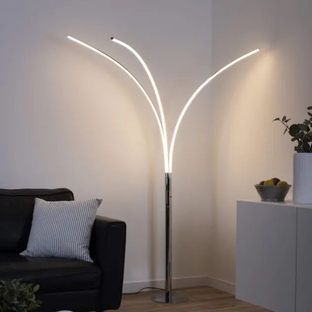 LED-Stehleuchte, Chrom, 3 Leuchtarmen, warmweiß, Kippschalter