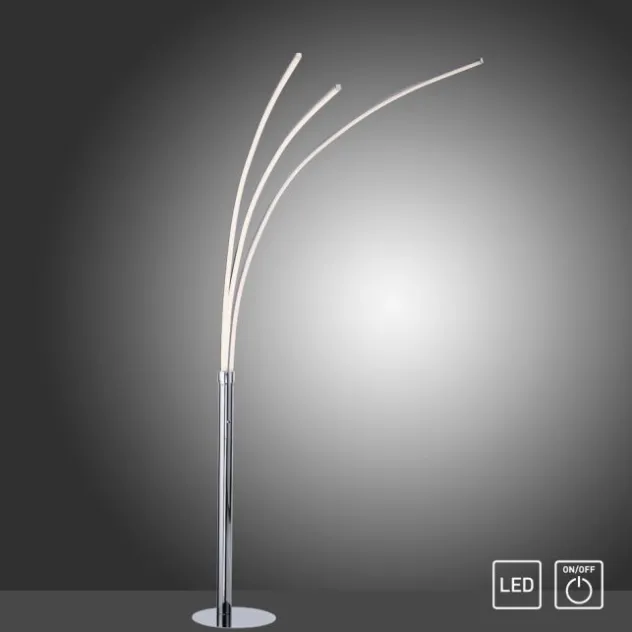 LED-Stehleuchte, Chrom, 3 Leuchtarmen, warmweiß, Kippschalter