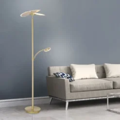 LED-Stehleuchte in messing-matt mit Lesearm und Lichtfarbsteuerung mit Memoryfunktion und Tastdimmer