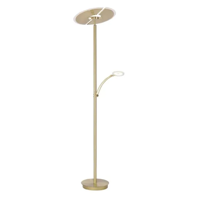 LED-Stehleuchte in messing-matt mit Lesearm und Lichtfarbsteuerung mit Memoryfunktion und Tastdimmer