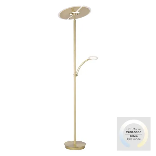 LED-Stehleuchte in messing-matt mit Lesearm und Lichtfarbsteuerung mit Memoryfunktion und Tastdimmer