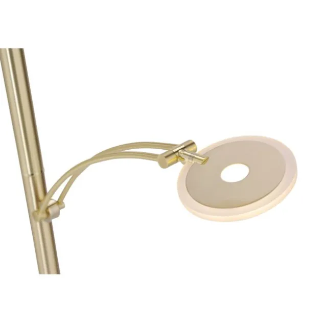 LED-Stehleuchte in messing-matt mit Lesearm und Lichtfarbsteuerung mit Memoryfunktion und Tastdimmer