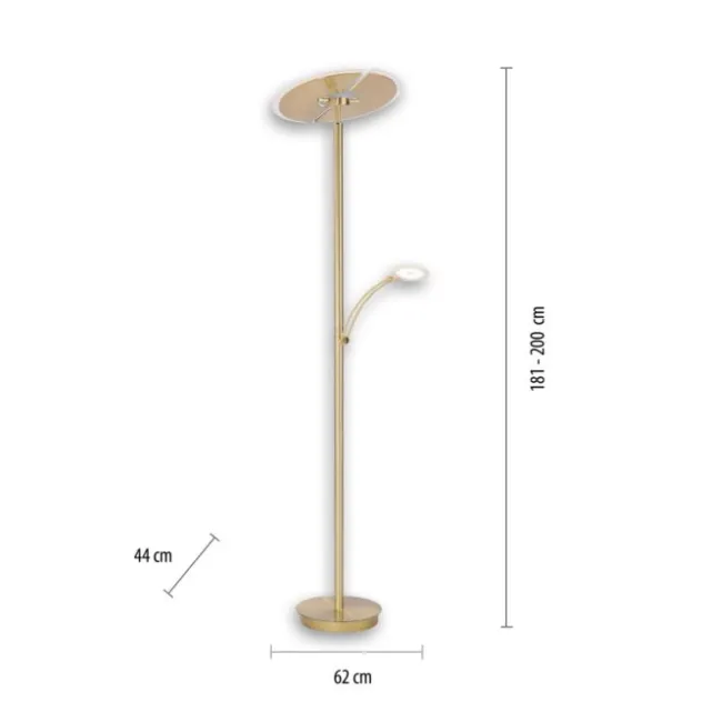 LED-Stehleuchte in messing-matt mit Lesearm und Lichtfarbsteuerung mit Memoryfunktion und Tastdimmer