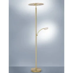 LED-Stehleuchte in messing-matt mit Lesearm und Lichtfarbsteuerung mit Memoryfunktion und Tastdimmer