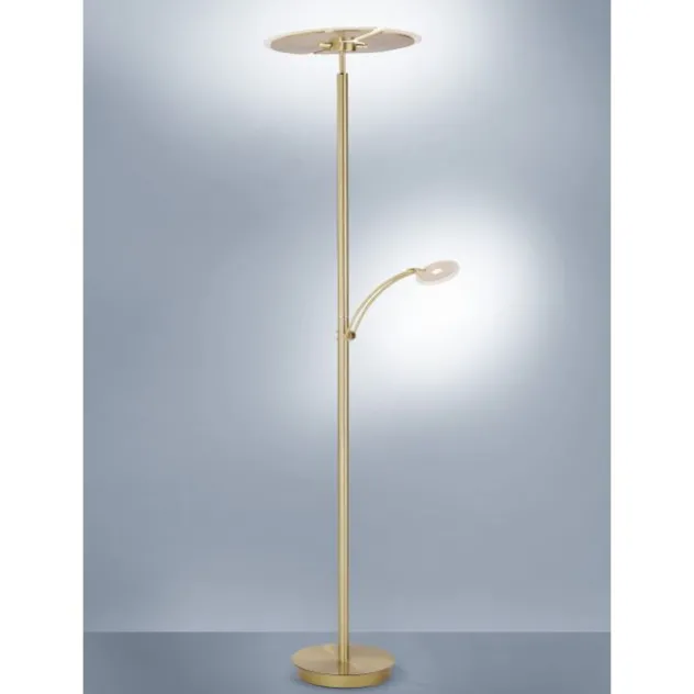 LED-Stehleuchte in messing-matt mit Lesearm und Lichtfarbsteuerung mit Memoryfunktion und Tastdimmer