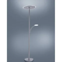 LED-Stehleuchte in stahlfarben mit Lesearm und Lichtfarbsteuerung mit Memory- und Dimmfunktion