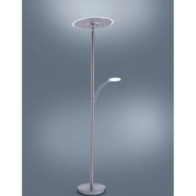 LED-Stehleuchte in stahlfarben mit Lesearm und Lichtfarbsteuerung mit Memory- und Dimmfunktion