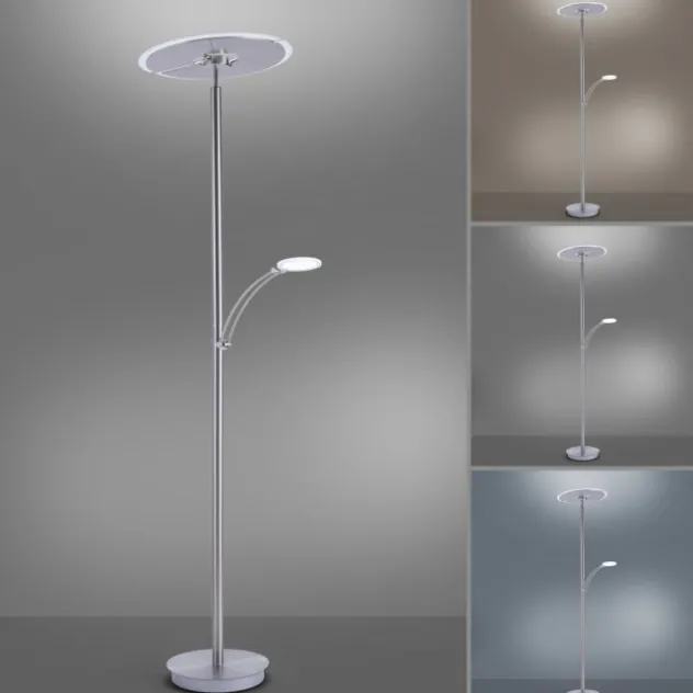 LED-Stehleuchte in stahlfarben mit Lesearm und Lichtfarbsteuerung mit Memory- und Dimmfunktion