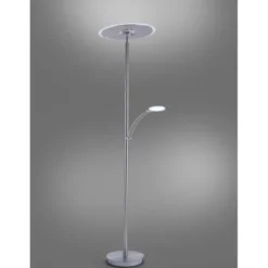 LED-Stehleuchte in stahlfarben mit Lesearm und Lichtfarbsteuerung mit Memory- und Dimmfunktion