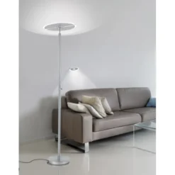 LED-Stehleuchte in stahlfarben mit Lesearm und Lichtfarbsteuerung mit Memory- und Dimmfunktion