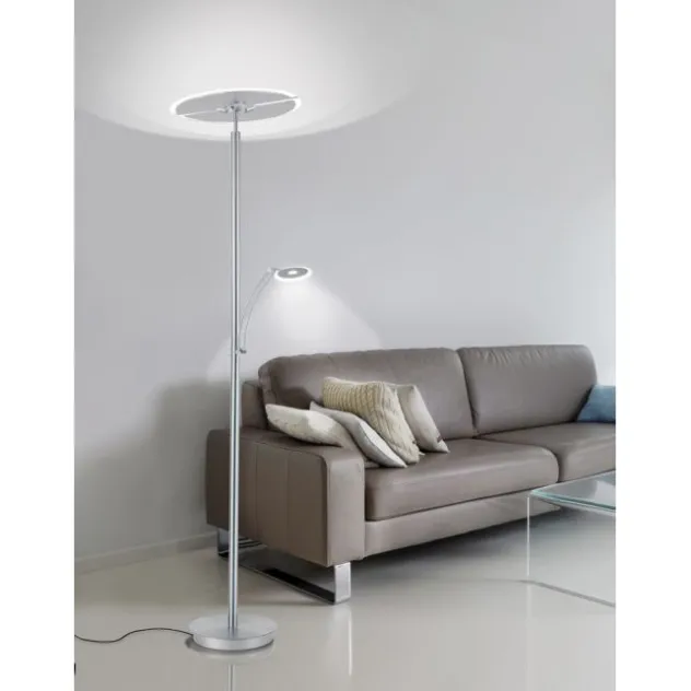 LED-Stehleuchte in stahlfarben mit Lesearm und Lichtfarbsteuerung mit Memory- und Dimmfunktion