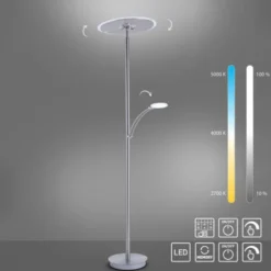 LED-Stehleuchte in stahlfarben mit Lesearm und Lichtfarbsteuerung mit Memory- und Dimmfunktion