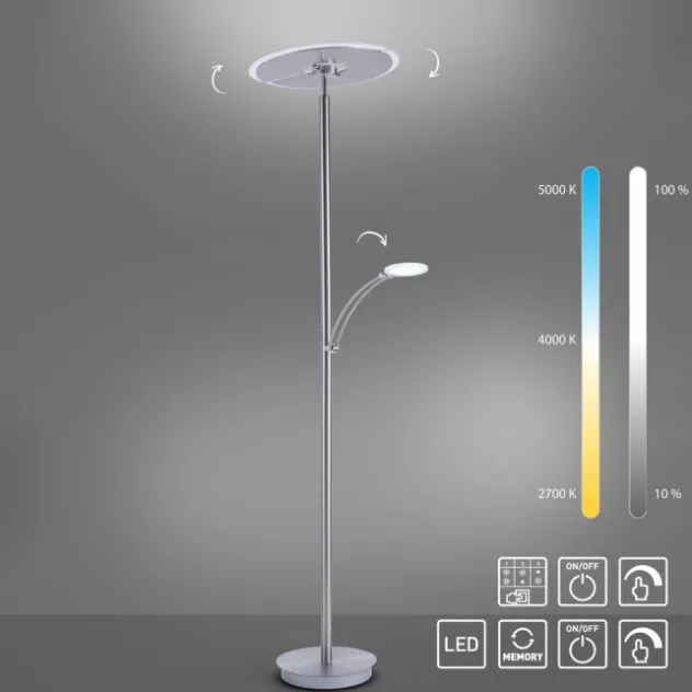 LED-Stehleuchte in stahlfarben mit Lesearm und Lichtfarbsteuerung mit Memory- und Dimmfunktion