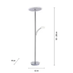 LED-Stehleuchte in stahlfarben mit Lesearm und Lichtfarbsteuerung mit Memory- und Dimmfunktion
